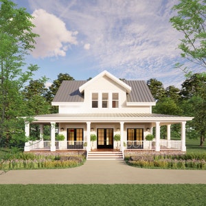 The Cottage Farmhouse Plan 3 bed 3.5 bath (51'x48') Custom House Plans and Blueprints - Upper Gable Design