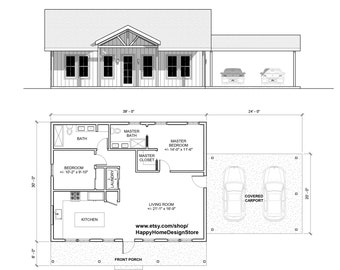 Classic Compact Barndomium Carport für 2 Autos - 2 Schlafzimmer, 2 Bäder (39 &#39;x30 &#39;) 1170 SF Custom House Pläne und Entwürfe