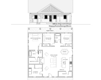 Spacious Cottage 3 bed 2 bath (40'x40') Custom House Plans and Blueprints - elevations, roof plan, foundation