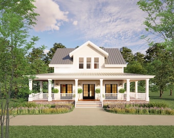 The Cottage Farmhouse Plan 3 bed 3.5 bath (51'x48') Custom House Plans and Blueprints - Upper Gable Design