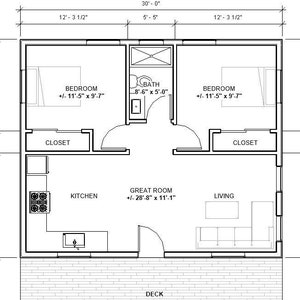 The Twin Tulip ADU 2 bed 1 bath (30'x25') 750SF Custom House Plans and Blueprints