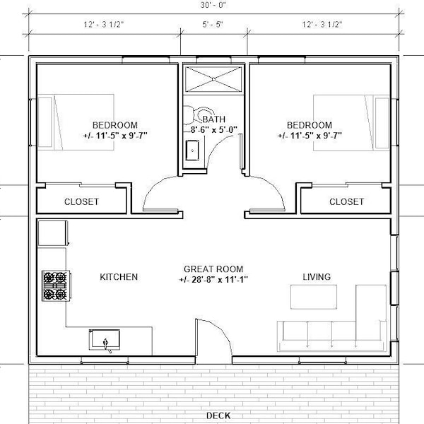 Simple 2 Bedroom 1 1/2 Bath Cabin. 1200 Sq Ft. Open Floor Plan With ...