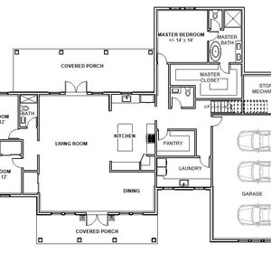 Casa de fazenda moderna estilo artesão com 3 quartos e 2,5 banheiros (65'x91') com sótão bônus, planta baixa e projeto