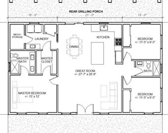 Spacious Open Plan House 3 bed 2 bath (50&#39;x30&#39;) Custom House Plans and Blueprints
