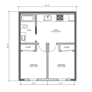 May include: Floor plan of a small apartment with two bedrooms, a bathroom, a living room, and two closets. The apartment is 8.8 metres by 9.8 metres.