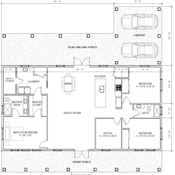 Spacious Open Plan House 3 bed 2 bath (60'x32') Custom House Plans and Blueprints