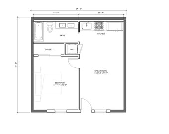 Puede incluir: Plano de un apartamento estudio con dormitorio, baño, cocina y sala de estar. El dormitorio mide 3,63 m x 3,81 m, el baño 1,80 m x 2,24 m, la cocina 2,41 m x 3,45 m y la sala de estar 6,78 m x 3,38 m.