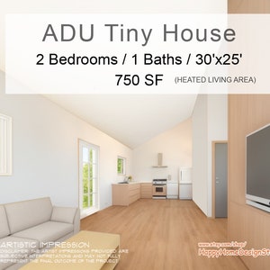 ADU Tiny House Cabin 2 bed 1 bath (30&#39;x25&#39;) 750SF Custom House Plans and Blueprints