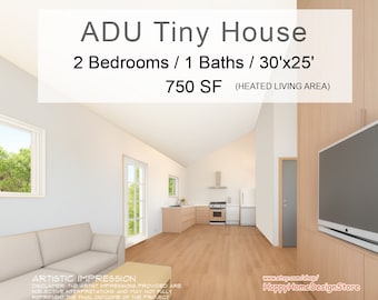 ADU Tiny House Cabin 2 bed 1 bath (30'x25') 750SF Custom House Plans and Blueprints