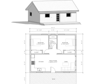 The Twin Tulip ADU 2 bed 1 bath (30'x25') 750SF Custom House Plans and Blueprints