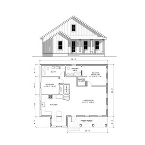 Affordable 39&#39; x 36&#39; Cottage - 2 Bed 2 Bath - Custom 1230SF Idyllic Cottage House Blueprint