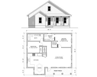 Affordable 39' x 36' Cottage - 2 Bed 2 Bath - Custom 1230SF Idyllic Cottage House Blueprint