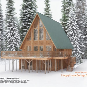 Modern Vacation A-Frame 24&#39; x 40&#39; Open Plan Cabin / Construction Blueprint House Design Concept Plans