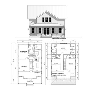 Boerderijplattegrond met twee verdiepingen, 4 slaapkamers en 4 badkamers (58 x 35') aangepaste huisplannen en blauwdrukken