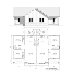 Tweepersoons investeringsduplex, 2 slaapkamers en 1 badkamer (56'x34') 1740 SF Custom house plattegronden en blauwdrukken