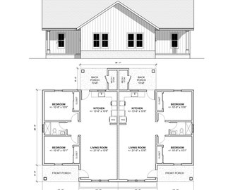 Twin Investment Duplex 2 bed 1 bath (56'x34') 1740 SF Custom House Plans and Blueprints