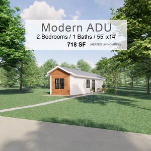 May include: A white and brown modern ADU with a pitched roof. The house has two bedrooms, one bathroom, and is 55 feet by 14 feet. The heated living area is 718 square feet.