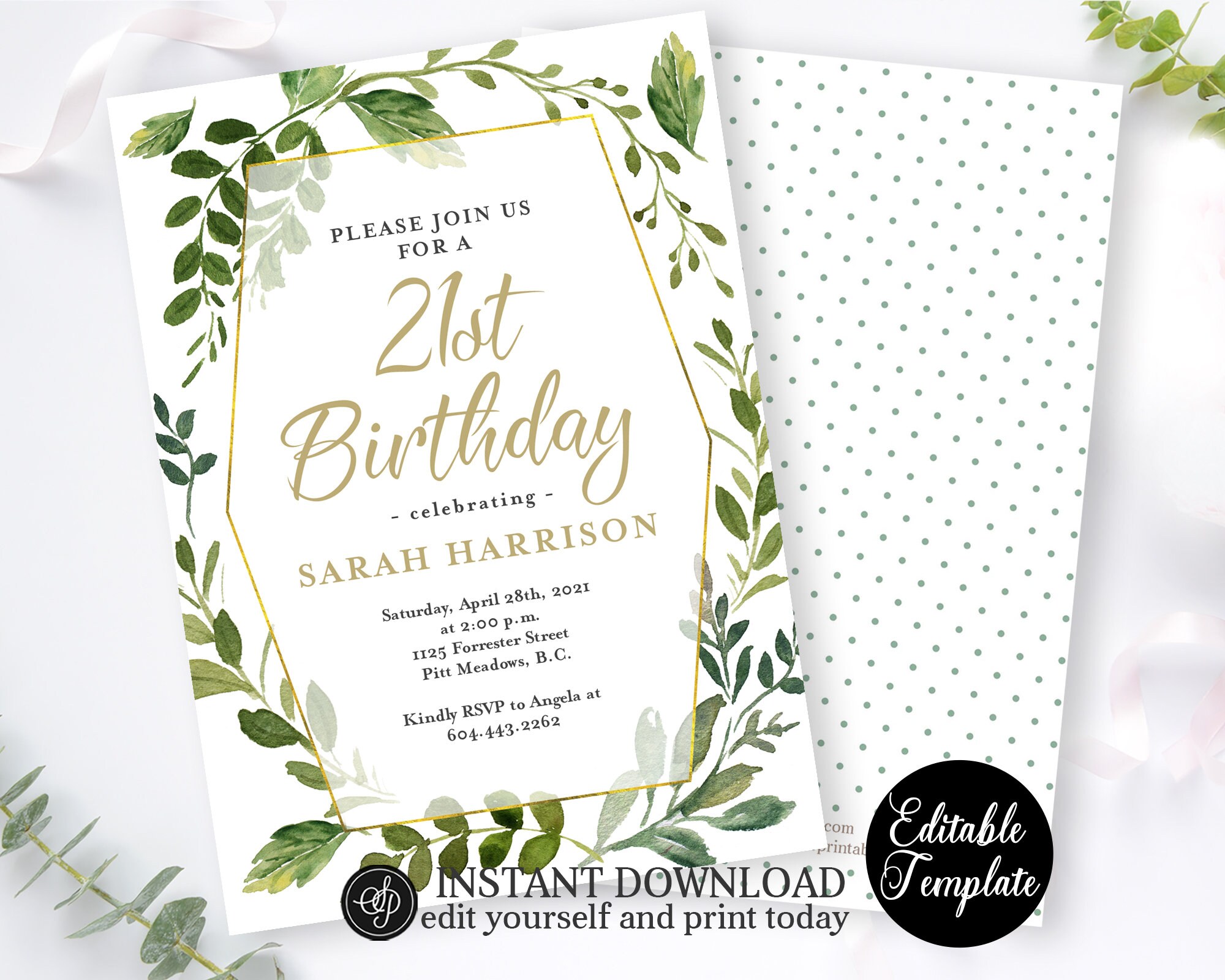 Greenery 21st Birthday Invitation Editable Template Boho Etsy