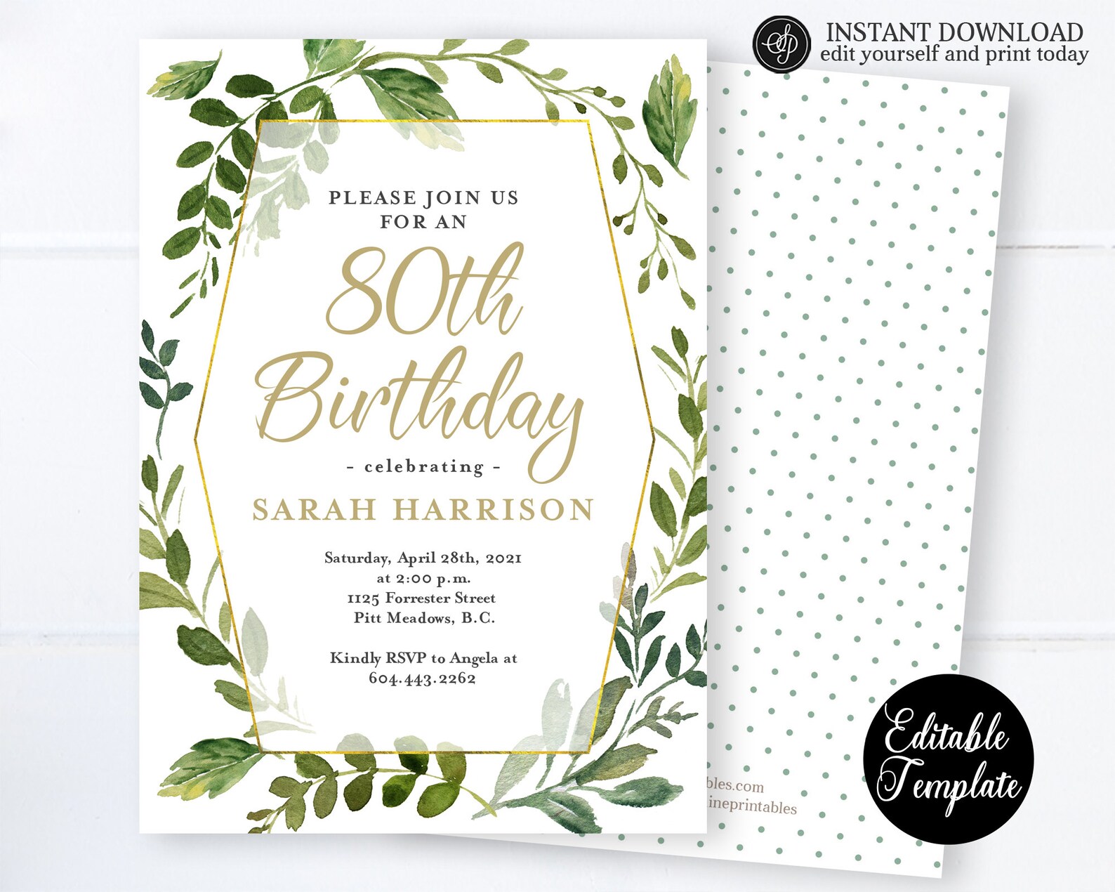 Greenery 80th Birthday Invitation 80th Birthday Invite | Etsy