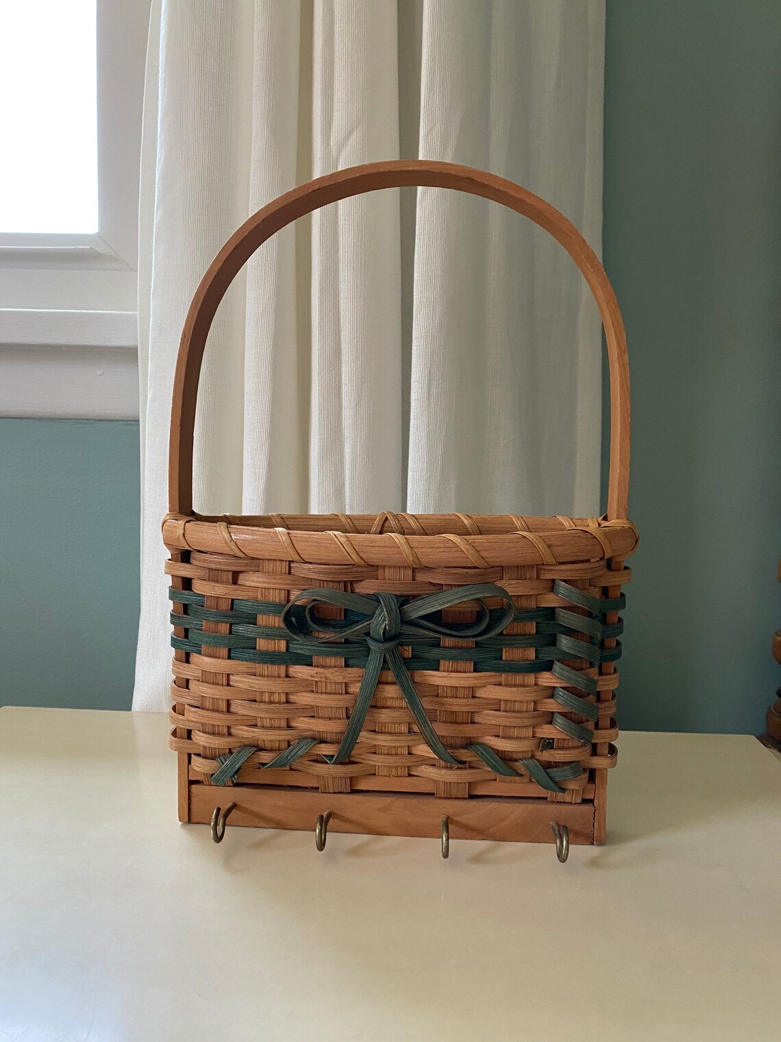 Hanging Wicker Mail Basket with Key Hooks Etsy