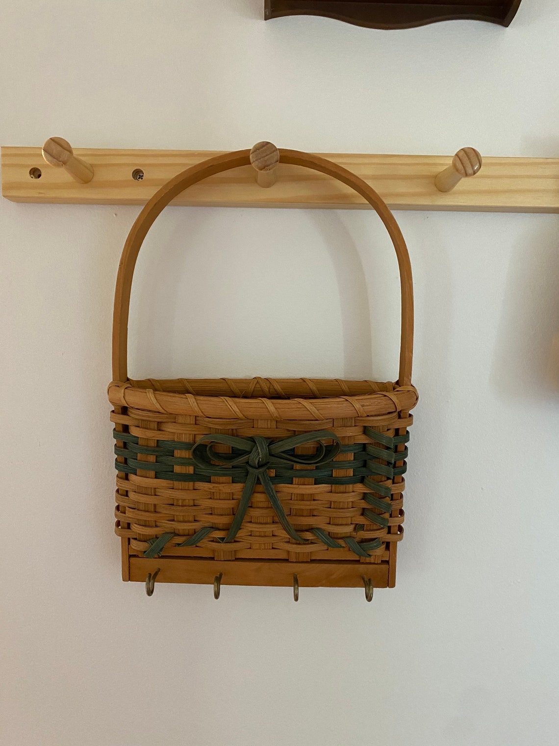 Hanging Wicker Mail Basket with Key Hooks Etsy