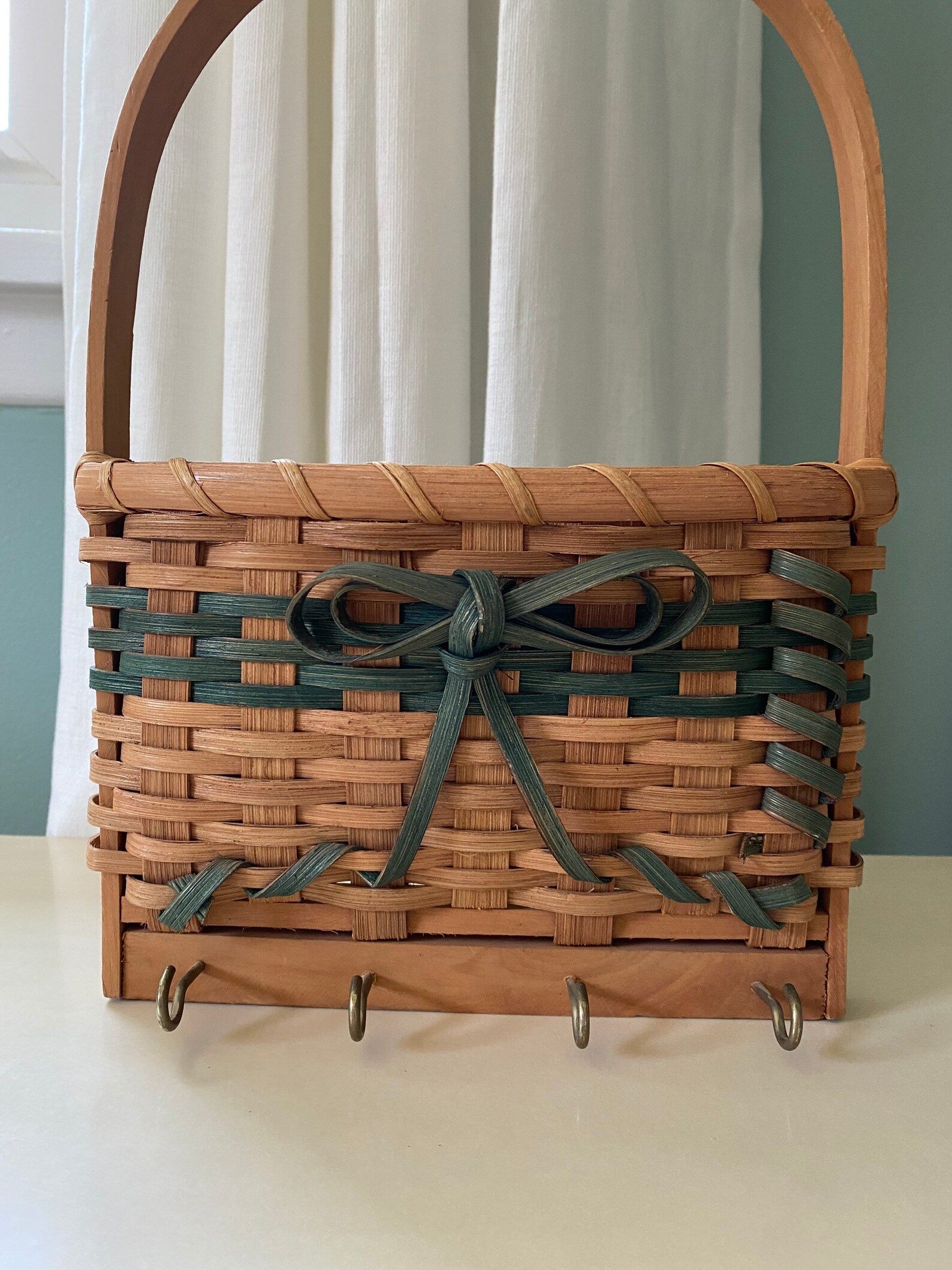 Hanging Wicker Mail Basket with Key Hooks Etsy