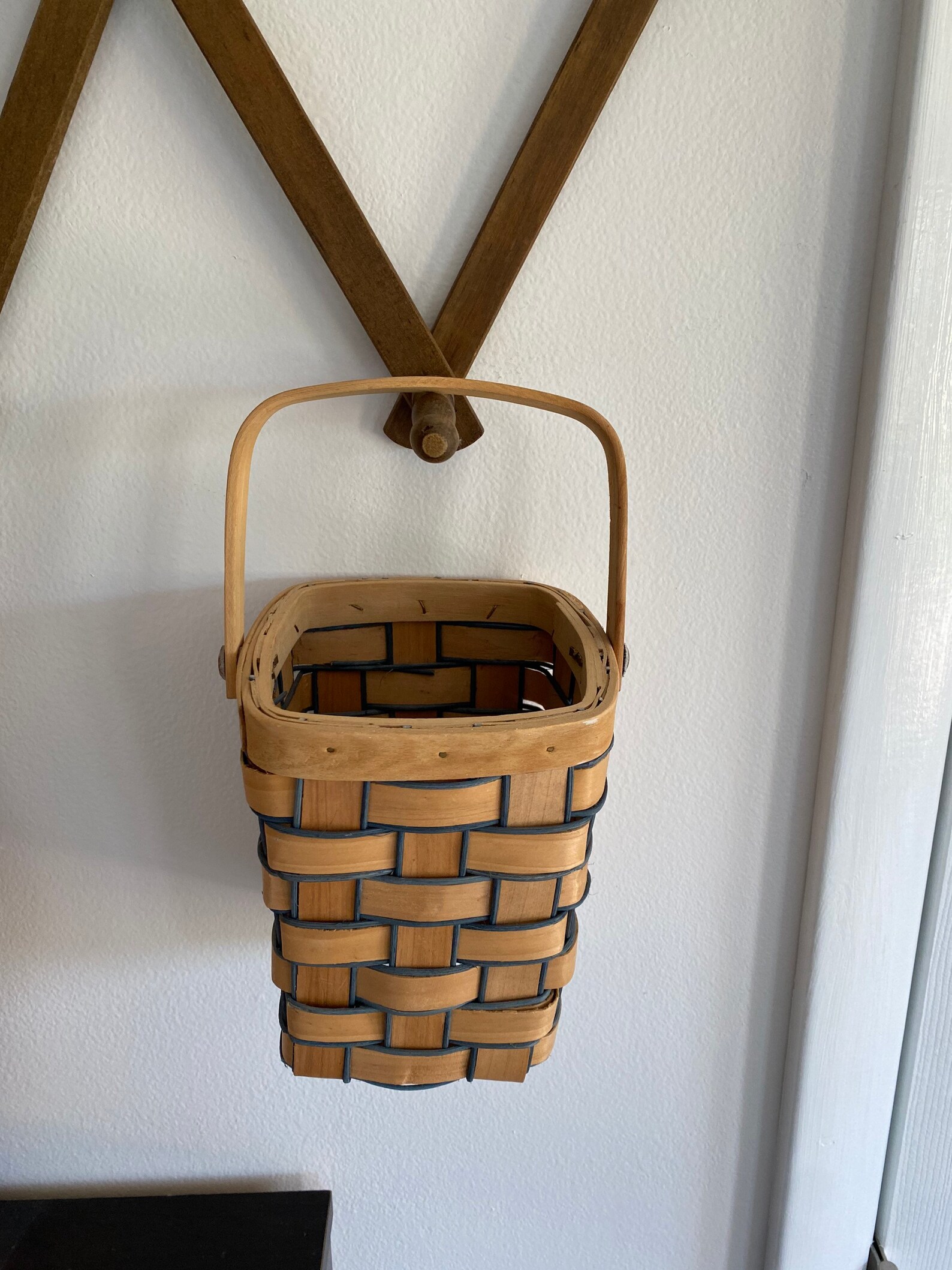 Wood & Wicker Hanging Basket with Wood Strap Etsy
