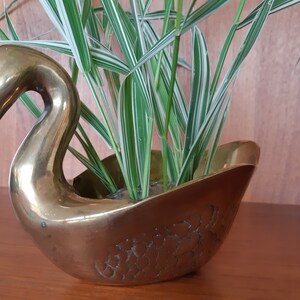 May include: A gold swan-shaped planter with green and white striped plants inside.