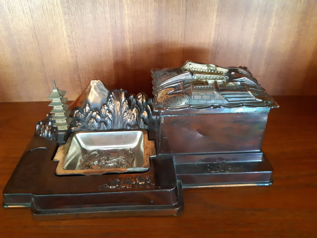 Japanese Musical Cigarette Box Ashtray Copper and Brass Vintage 1950s