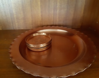 Vintage Solid Copper Serving Tray Hand Hammered 9 Inches Fantasy Copperware Made in Canada plus Coasters