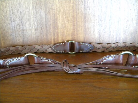 Tie Belt Braided Leather With Brass Rings Brown Tie Fringe 