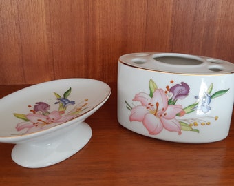 Bathroom Accessories Ceramic Soap Dish Toothbrush Holder Made in Japan 1970s