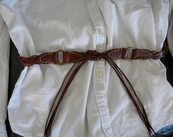 Tie Belt Braided Leather With Brass Rings Brown Tie Fringe  display picture 2