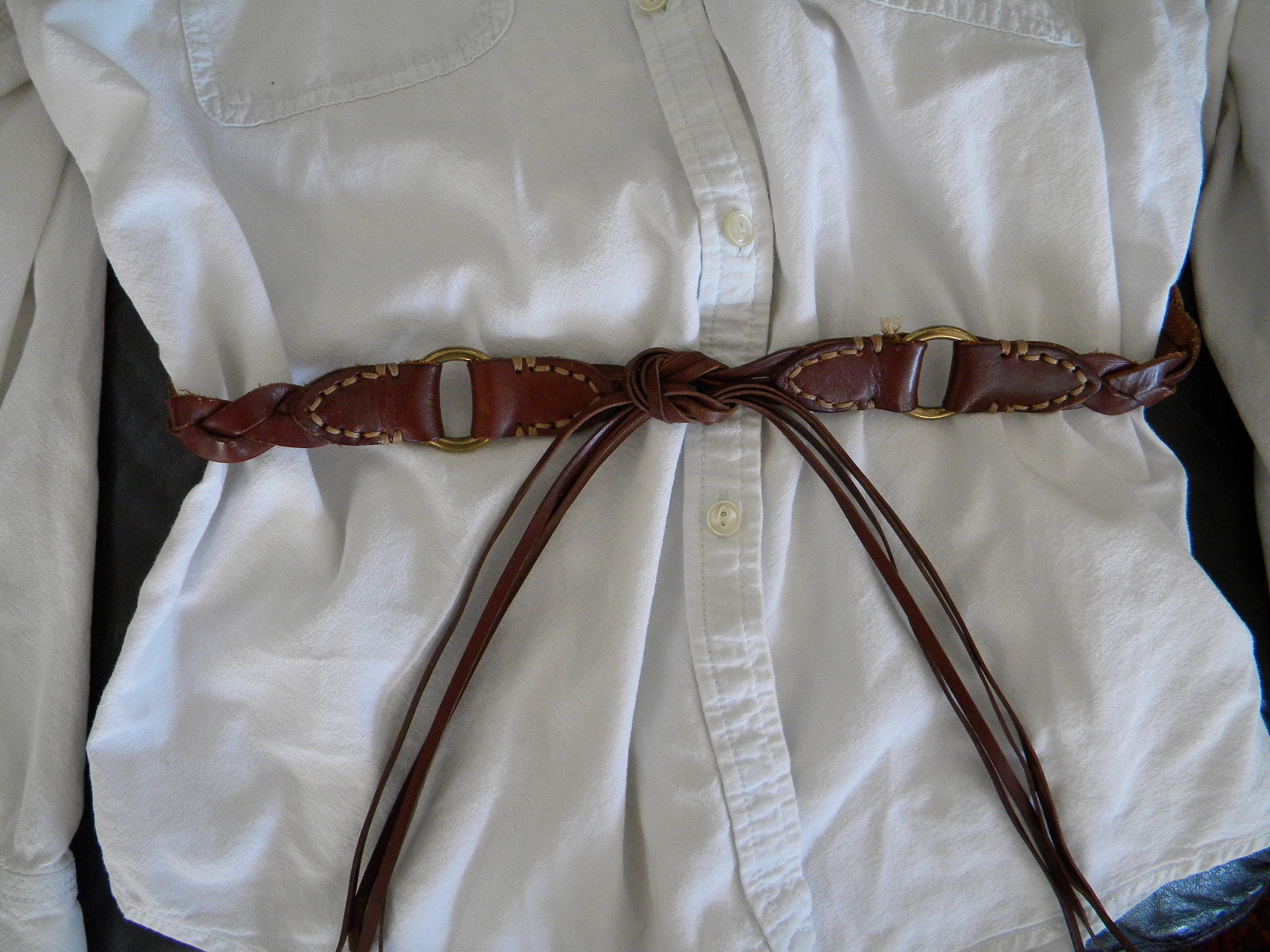 Hippie Boho Brass Ring And Leather Linked Belt Medieval Viking Braided Leather Belt Set, with Ring Buckle  main image 2