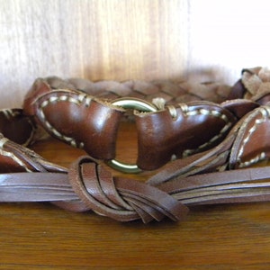 Tie Belt Braided Leather With Brass Rings Brown Tie Fringe  display picture 3