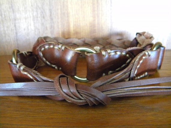 Tie Belt Braided Leather With Brass Rings Brown Tie Fringe  display picture 1