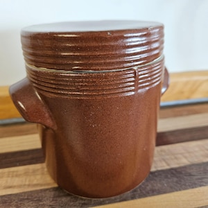 May include: A brown ceramic jar with a lid. The jar has a textured surface and a slightly rounded shape. The lid has a smooth surface and a slightly raised edge.