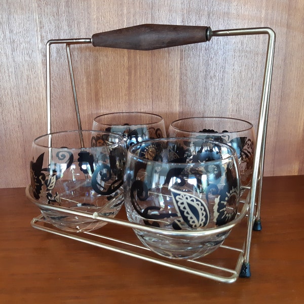 Mid Century Glass Caddy plus Four Roly Poly Rocks Glasses