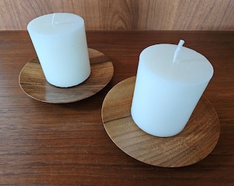 Candle Holder Pair for Pillar Candles Wood Disk Candleholders