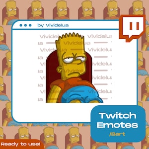 May include: A yellow cartoon character with blue pants and a red shirt sits in a red chair with a bored expression. The character is labeled "Twitch Emotes /Bart" and is ready to use.