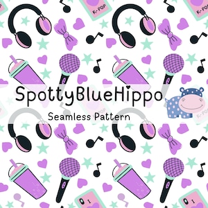 May include: A repeating seamless pattern with headphones, microphones, musical notes, bows, hearts, and stars. The design includes the text "SpottyBlueHippo" and "Seamless Pattern" on a white background.