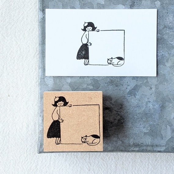 Girl With Cat Big Wooden Stamp By Cotori Cotori Rare Cute Etsy