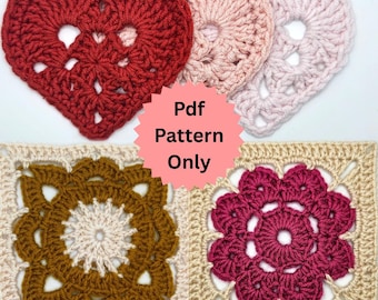 Paquete de patrones de cuadrados de ganchillo para abuela con apliques de corazones, sauce y flores (descarga digital, 3 patrones en PDF)