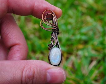 Rainbow Moonstone Wire Wrap, Oxidized Copper, Copper Necklace, Crystal Necklace, Gift, Zodiac, Cancer, Libra, Scorpio