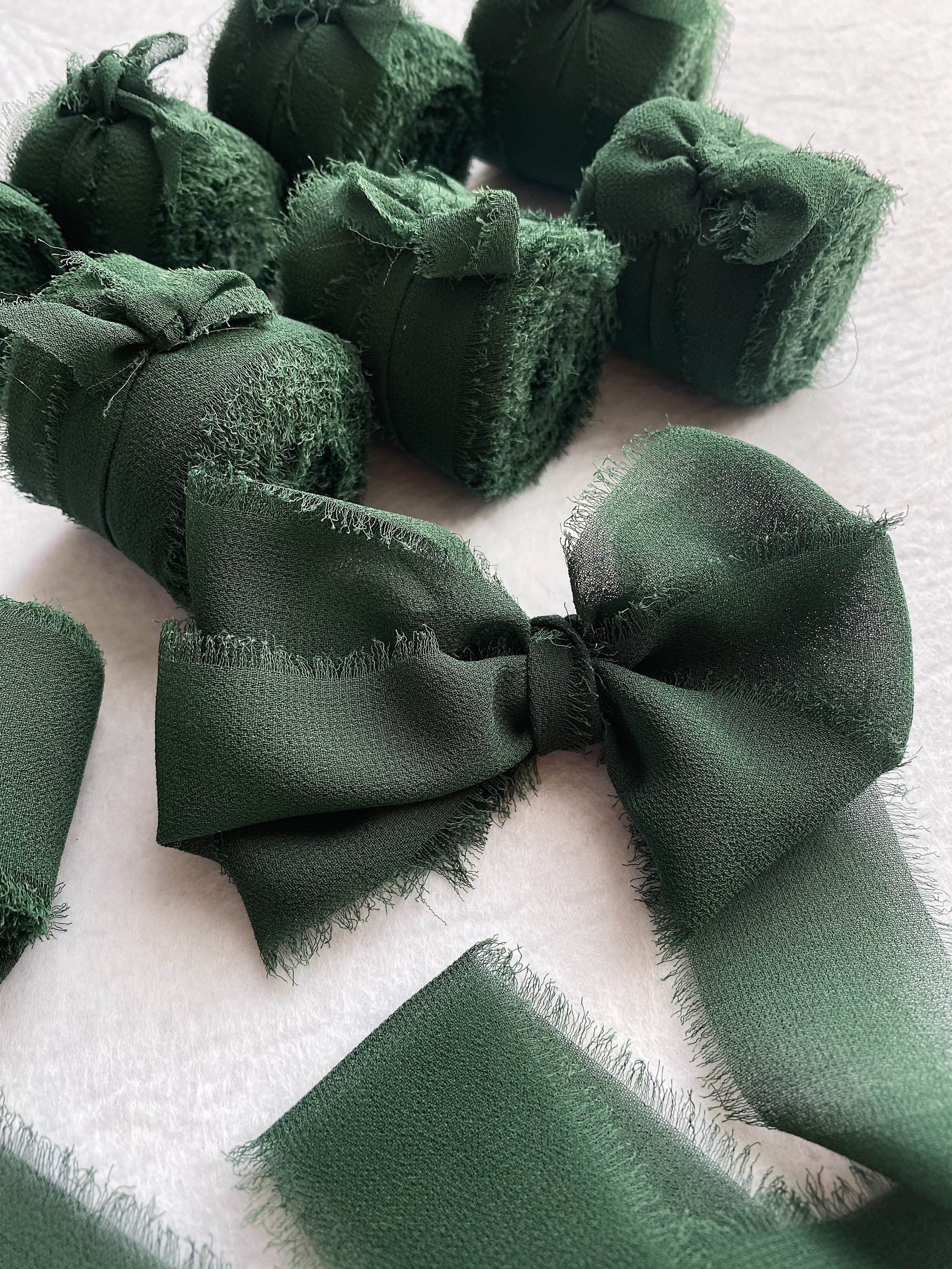 Green Hand Torn Chiffon Ribbon, Dark Green Sheer Frayed Chiffon