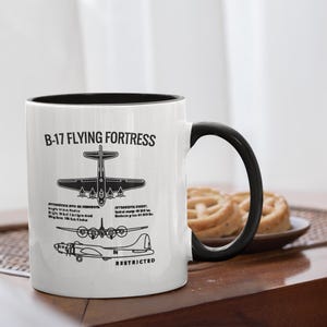 B-17 Flying Fortress Mug | WW2 Bomber Aircraft Blueprint Style Cup | Vintage Military Airplane Gift | Warbird | Color Inside Mug 11 oz