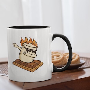 Funny Flaming Marshmallow Dab Mug | S’mores Campfire Humor Cup for Kids & Adults | Cute Camping Gift | Mug with Color Inside 11 oz