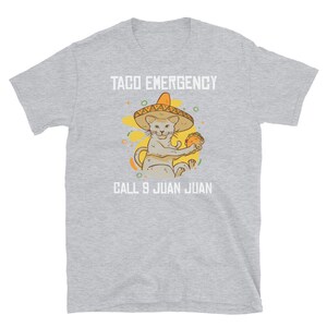 Pode incluir: Uma camiseta cinza com um gr&aacute;fico branco de um gato usando um sombrero e segurando um taco. O texto "Taco Emergency Call 9 Juan Juan" est&aacute; impresso na camiseta.