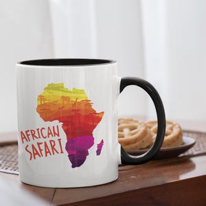Taza de safari africano / Mapa colorido de África con vida silvestre / Regalo de viaje de estilo retro / Recuerdo para amantes de los animales / Taza de aventura de safari