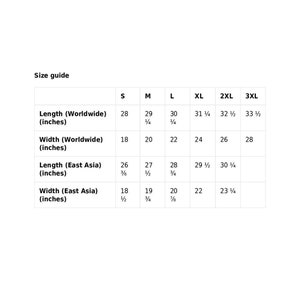Pode incluir: Tabela de tamanhos para roupas com medidas em polegadas. A tabela mostra o comprimento e a largura das roupas em tamanhos mundiais e asi&aacute;ticos. Os tamanhos listados s&atilde;o S, M, L, XL, 2XL e 3XL.
